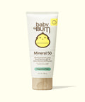 Tube of Baby Bum Mineral SPF 50 Sunscreen Lotion with yellow baby face logo and wooden-texture cap