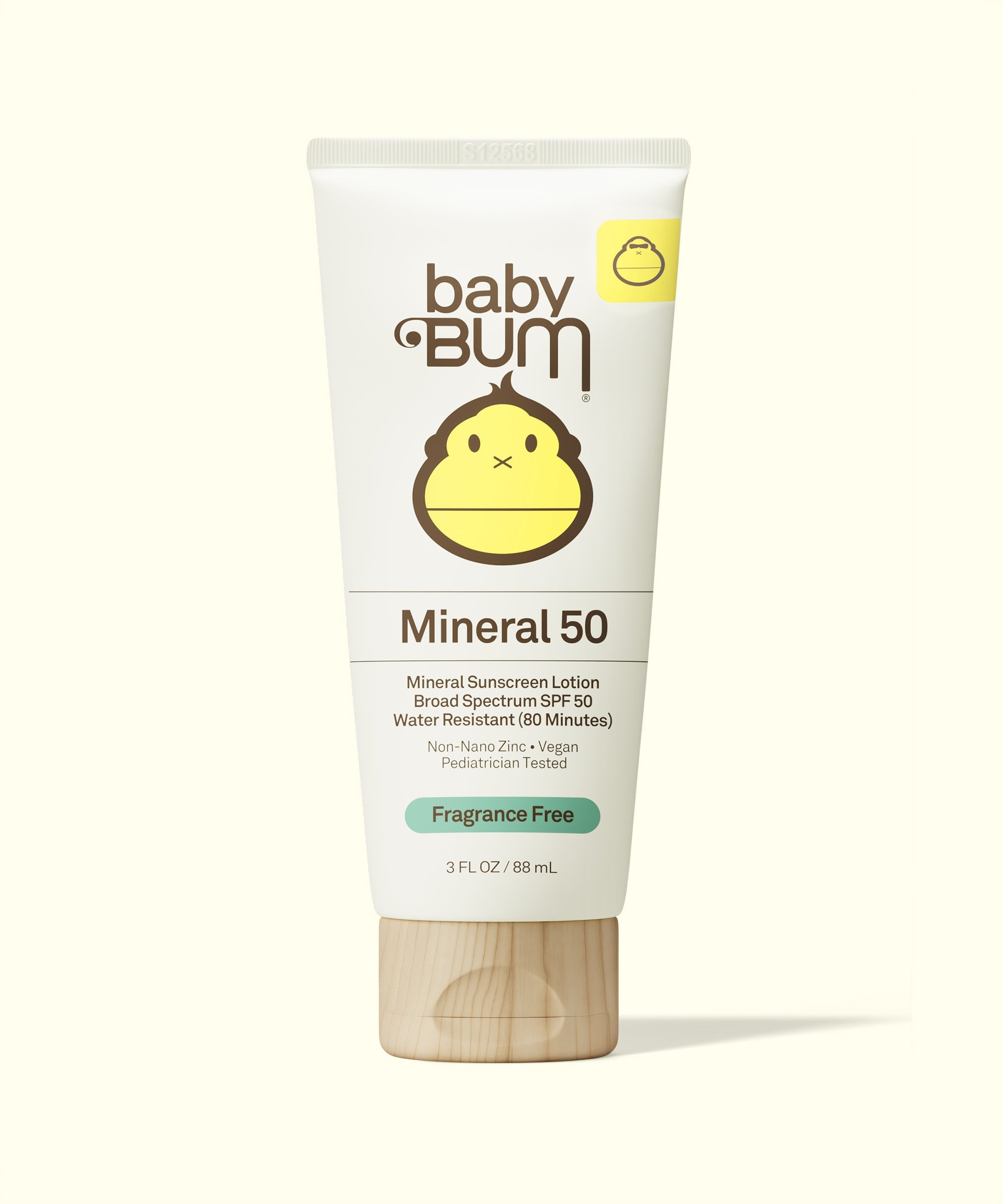 Tube of Baby Bum Mineral SPF 50 Sunscreen Lotion with yellow baby face logo and wooden-texture cap