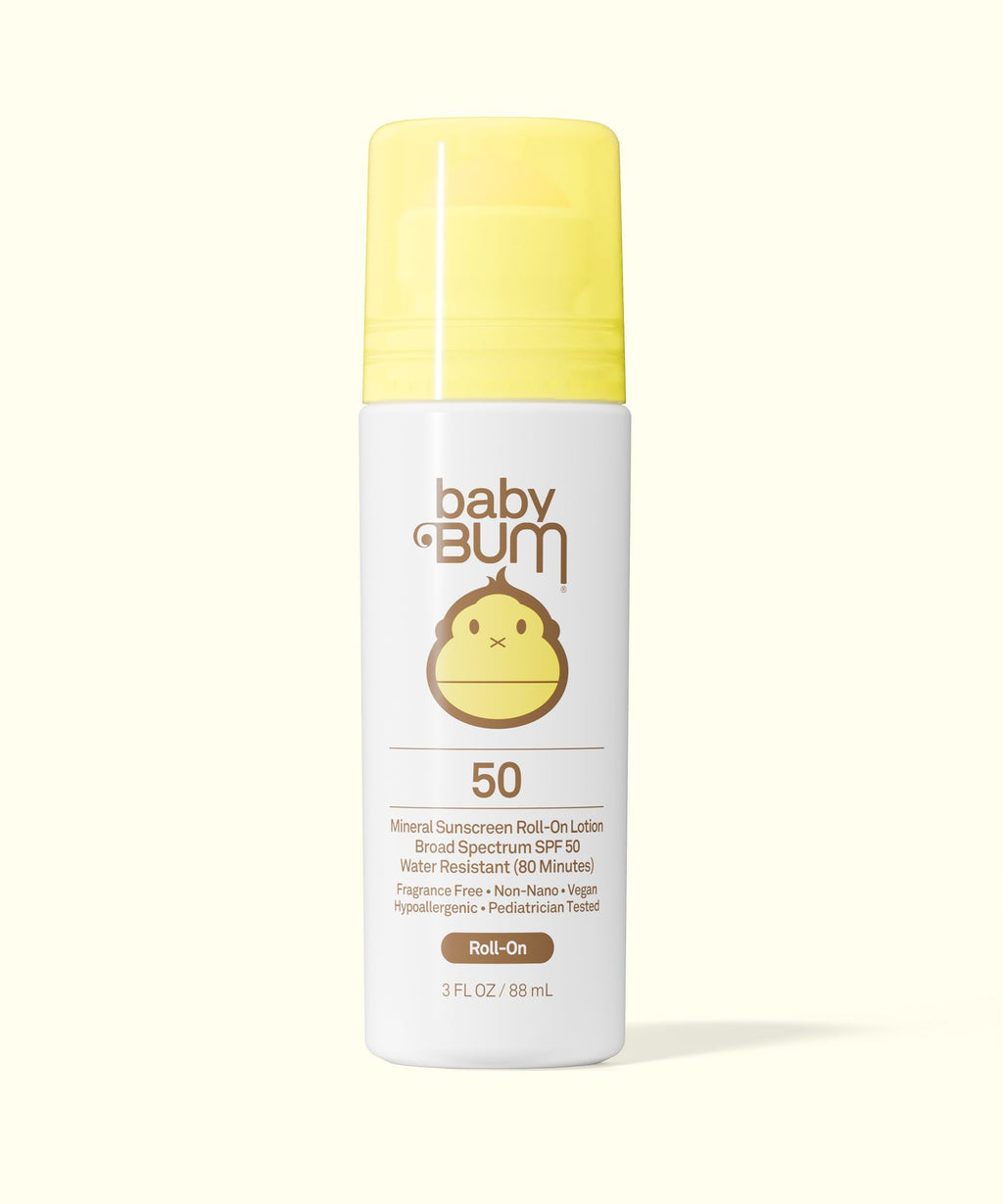 Sun Bum Baby Bum SPF 50 sunscreen roll-on lotion with yellow cap for easy application on kids