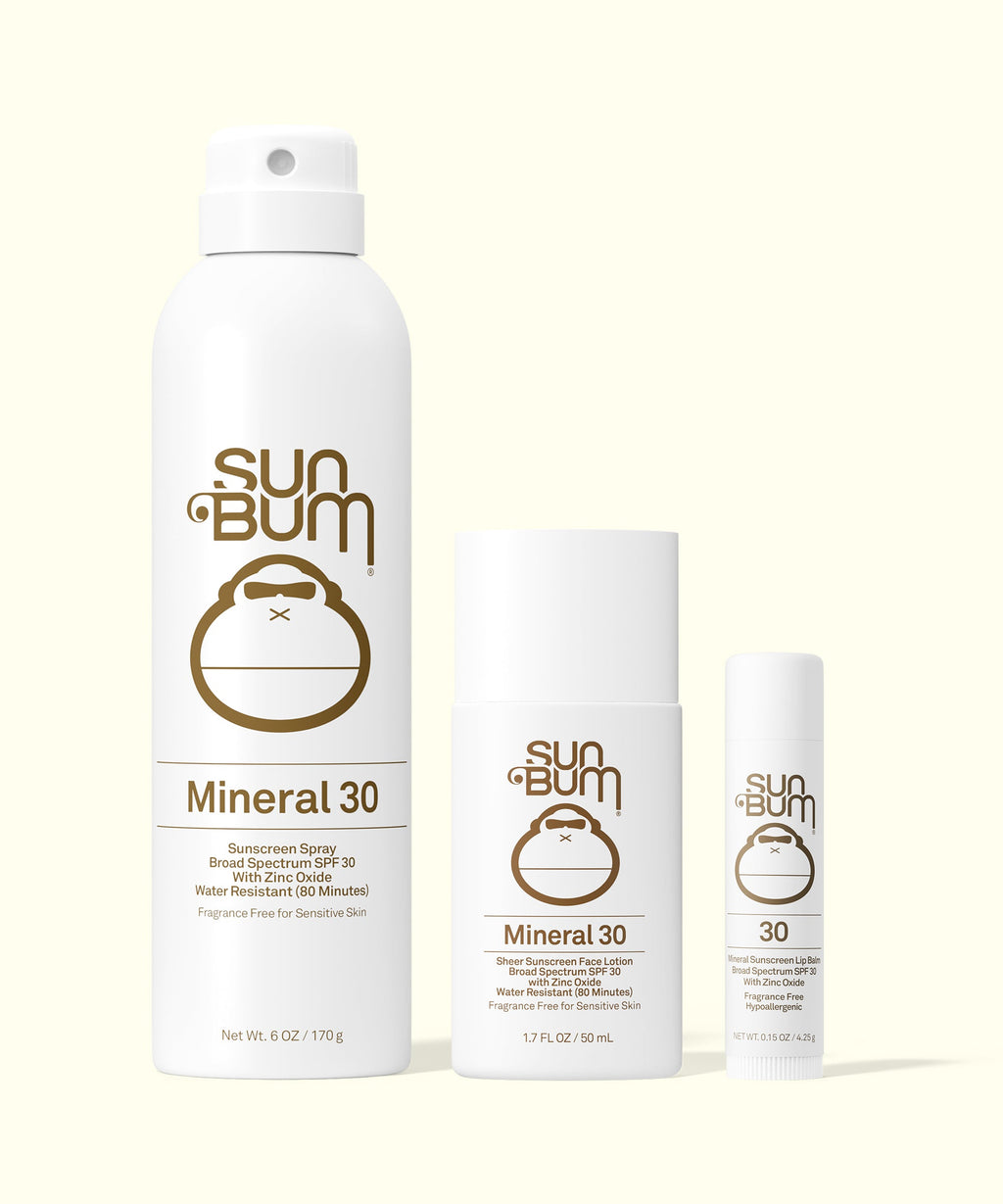 Sun Bum Mineral 30 sunscreen products on a white background