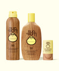Sun Bum SPF 50 Spray + Lotion + Face and Body Stick 40 with yellow caps in wood-textured packaging